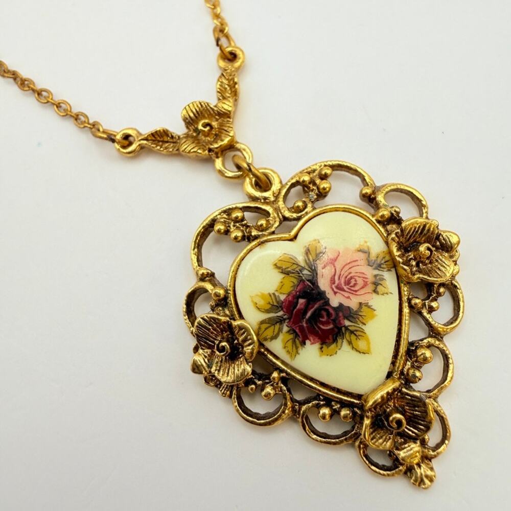Vintage 1928 Brand Heart Pendant Necklace Rose Guilloche Faux Pearl Chain 24"